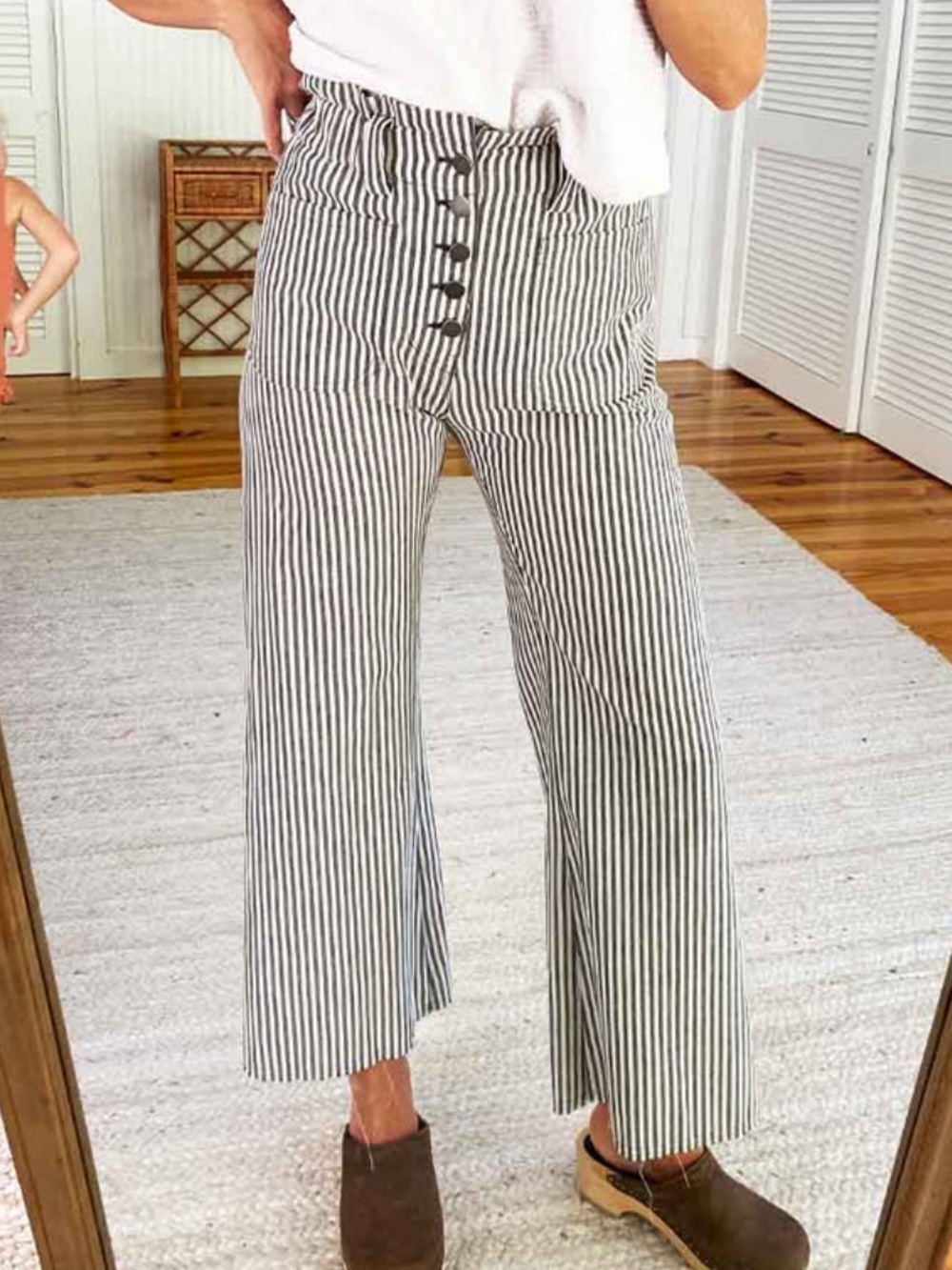 Emerson Fry High-Rise Vertical Stripe Wide-Leg Cropped Hemp Pants XL
